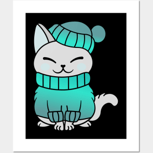 Cute Cozy Colorful Snow Winter Cat Kitty Posters and Art